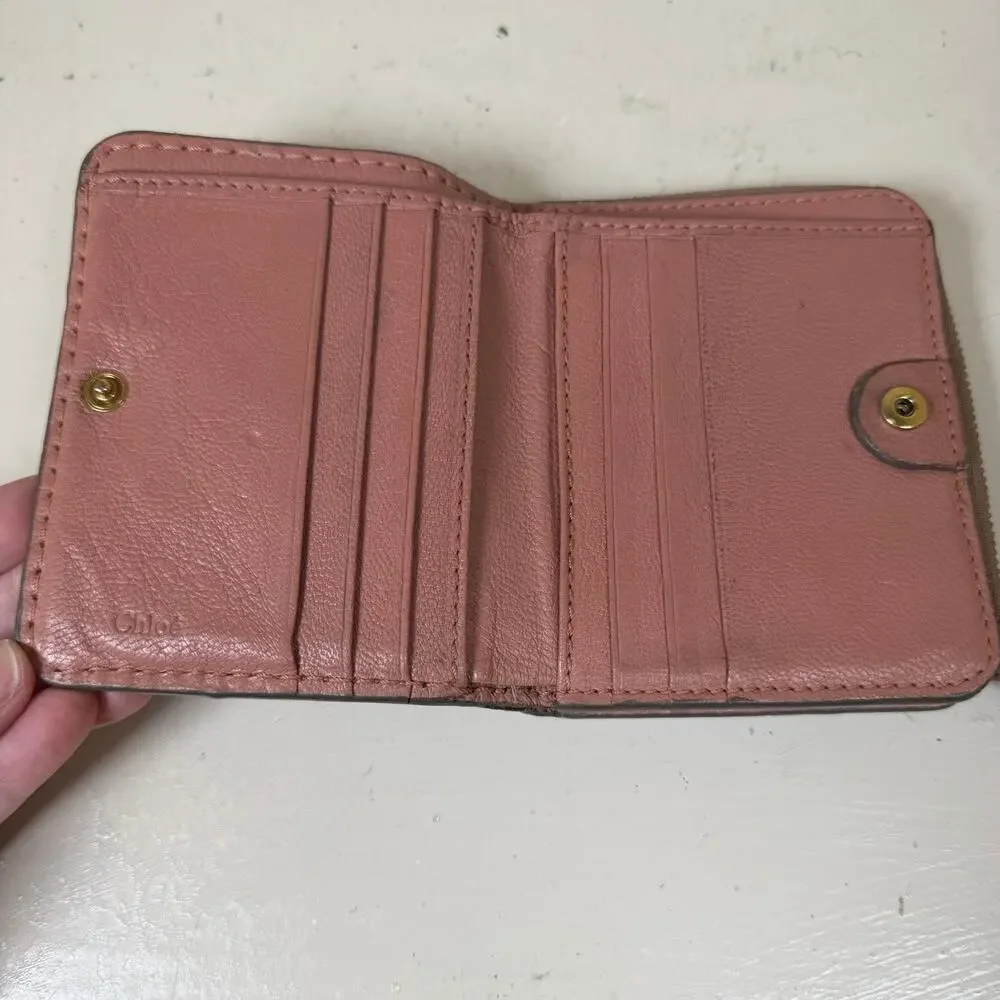 Authentic Chloe pink leather compact wallet gold toned plaque zip around closure